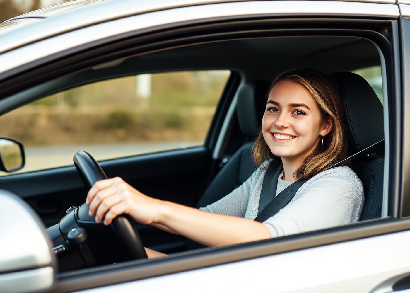 Smiling young UK driver in the driver seat of her first car